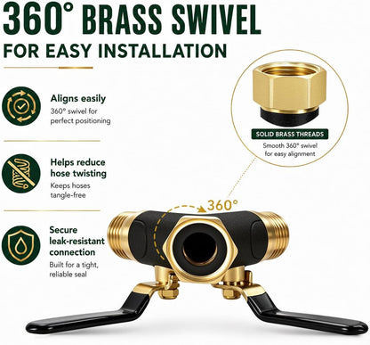 Garden Hose Splitter 2 Way Heavy Duty, Metal Body Water Hose Splitter | with Shut-Off Valve,360° Brass Swivel,3/4'' GHT Connector Full Flow Hose Bib Splitter, For Outdoor Spigot Faucet