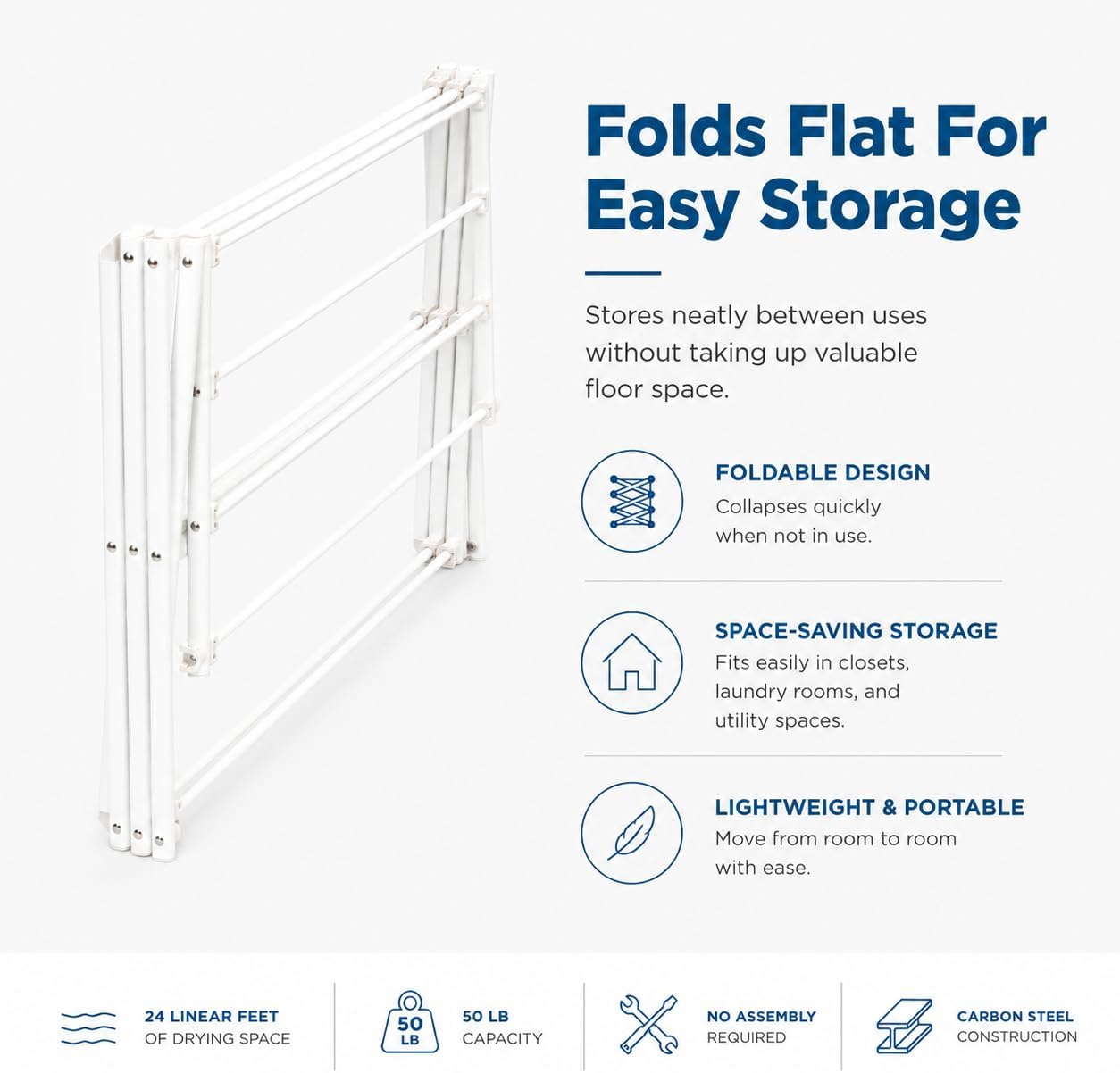 Honey-Can-Do 6-Tier Collapsible Steel Clothes Drying Rack, 24 ft, White | 6-tier steel rack with 24 ft of drying space folds flat to 3 in. Coated bars are gentle on delicates; 50 lb capacity.