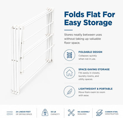 Honey-Can-Do 6-Tier Collapsible Steel Clothes Drying Rack, 24 ft, White | 6-tier steel rack with 24 ft of drying space folds flat to 3 in. Coated bars are gentle on delicates; 50 lb capacity.