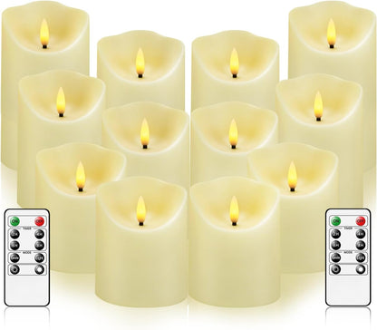kakoya Flameless LED Candles Battery Operated with Remote and Timer,Flickering Electric Fake Plastic Pillar Candles Set of 12(D3 x H 3" 4" 5") Ivory