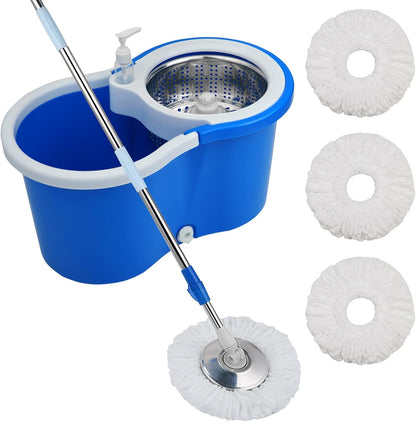 Mop and Bucket Set, 360° Spin Mop and Bucket with Wringer Set and 3 Microfiber Mop Refills, Stainless Steel 61" Extended Handle Spinning Mop Bucket System for Floor Cleaning