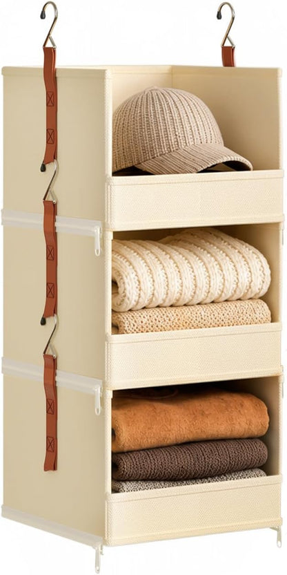 DIMJ Hanging Closet Organizer - 4 Tier Collapsible Hanging Shelves with Hooks Zipper, Fabric Clothes Organizer, Space-Saving Storage Bin Basket for RV, Bedroom, Laundry Organization