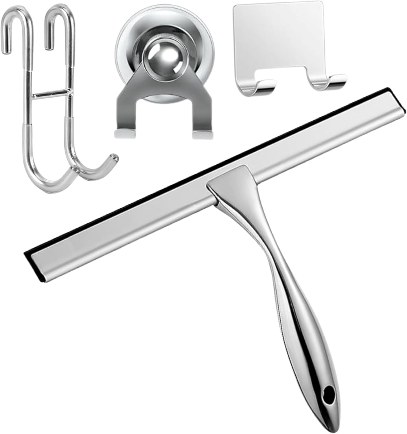 12'' Light Weight Stainless Steel Shower Squeegee for Glass Doors with 4 Pieces Set (1 Window Squeegee, 1 Door Hook and 2 Adhesive Hooks) Perfect Cleaning Tool for Car, Window, Bathroom Mirror
