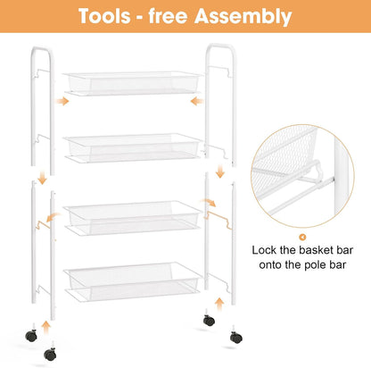 TOOLF 3-Tier Metal Rolling Cart, Mesh Wire Easy Assemble Utility Cart, Storage Trolley on Wheels with 3 Hooks, MetalStorage Shelving Units for Kitchen Bathroom Laundry Room