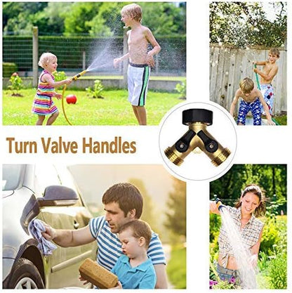HQMPC Garden Hose Y Valve Splitter Brass Hose Splitter With Stainless Steel Long Handle Brass Garden Hose Adapter 2 Way Y Valve 3/4" GHT Thread 2pcs