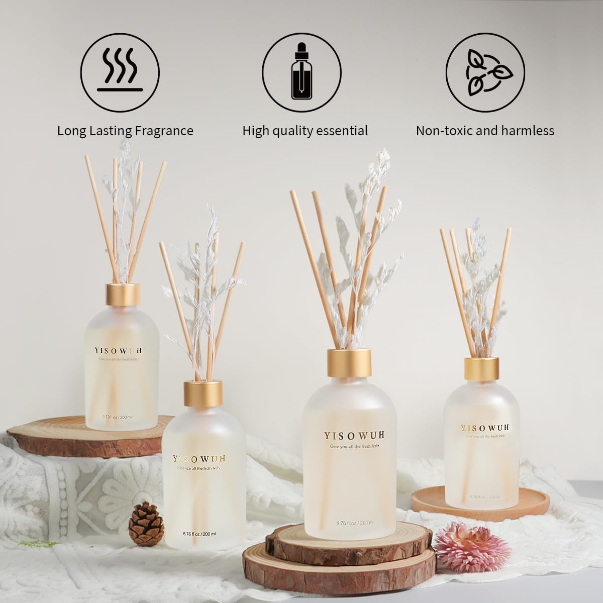 Reed Diffuser - Jasmine Tea - 200ml Reed Diffuser Set with Essential Oils and 8 Reeds, Long-Lasting Fragrance for Home, Bathroom, Bedroom, Room, Decor
