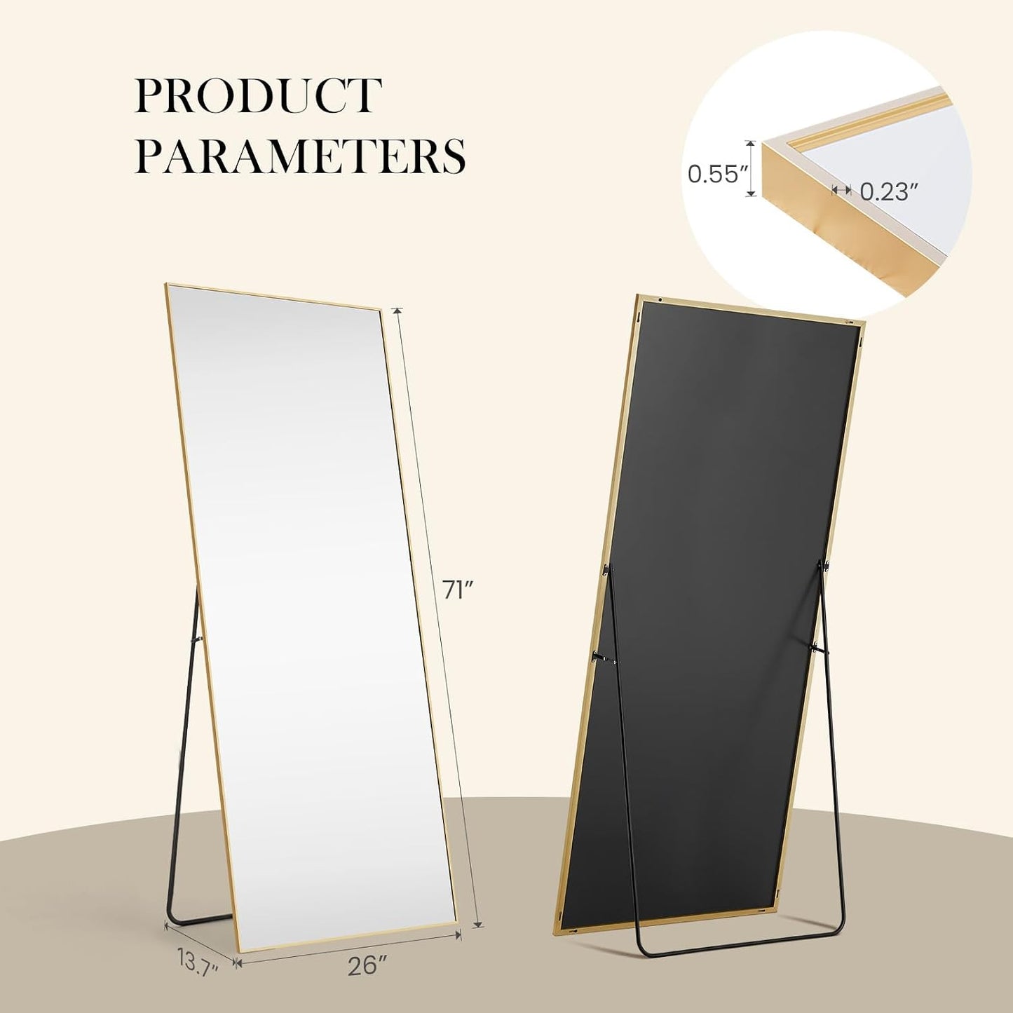 DUMOS 64"x21" Arched Full Length Floor Mirror, Full Body Mirror with Stand, Shatterproof Tempered Glass, Modern Aluminum Alloy Frame, Free Standing or Leaning for Home Decor, Gold