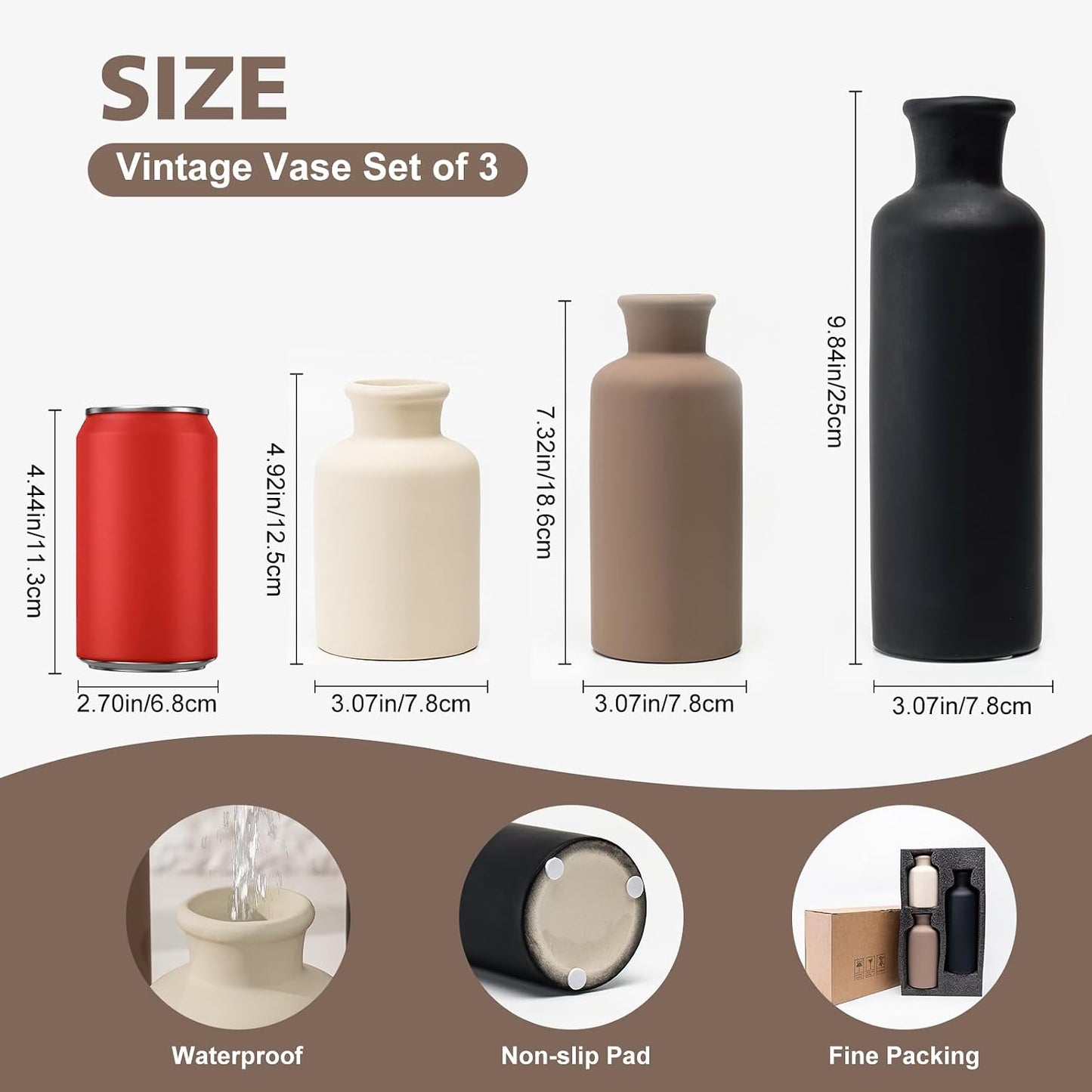 Ceramic Vase Set of 3, Modern Minimalist Neutral Home Decor, Boho Rustic Farmhouse Decorative Vases for Pampas Grass Dried Flowers | Table Centerpiece Entryway Mantel Bookshelf(Black Mix Set - Gray#1)