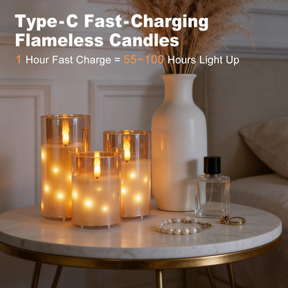 LEDHOLYT Rechargeable Flameless Glass Pillar Candles–Gifts for Women,–Set of 3, Realistic Flickering LED Light,Remote & Timer, Ideal for Living Room, Bedroom & Festival Wedding Home Party Decor