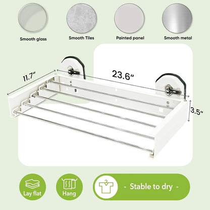 Drill-Free Foldable Wall Mounted Clothes Drying Rack for Laundry, 25 Inches | Retracble Drying Rack With 5 Steel Panels & Suction Cup, Space Saving Drying Rack For Apartment, RVs, Bathroom