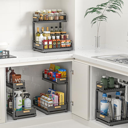 Under Sink Organizer Kitchen - Upgraded Professional Rails, 2 Tier Dual Pull Out Cabinet Storage, Height Adjustable Under Sink Storage, Metal Sliding Drawer for Kitchen & Bathroom, White, 2 Pack