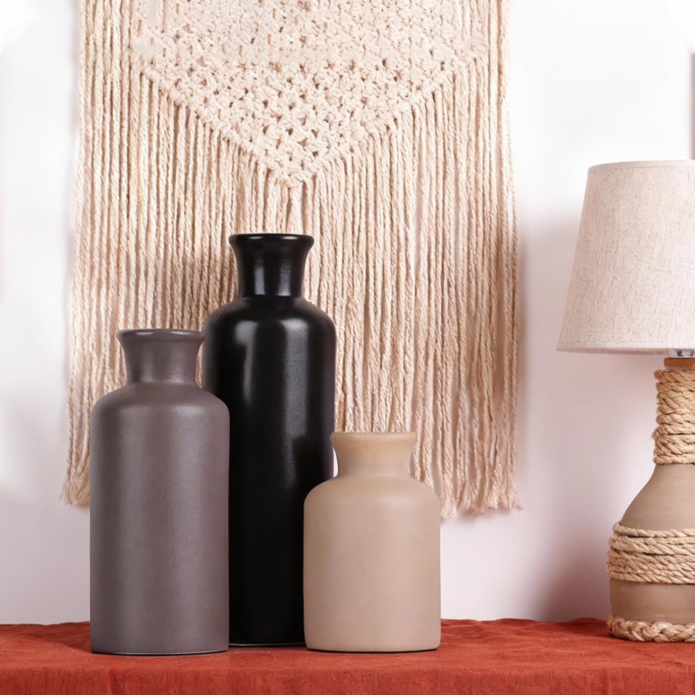 Ceramic Vase Set of 3 – Small Flower Vases, Modern Farmhouse Boho Flower Vases for Home Decor, Rustic Pottery Vases for Centerpieces, Living Room, Shelf, Fireplace, Entryway Decor, Table or Cabinet
