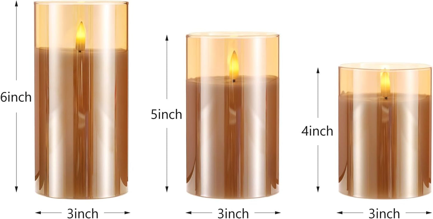 Blue Flameless Candles with Remote, Real Wax Glass Battery Operated Candles with Timer, LED Pillar Candle for Bedroom Home Wedding Birthday Party Fall Halloween Christmas Decorations, Set of 3