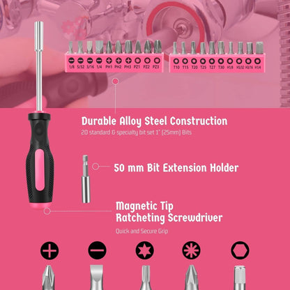 Flexzion 39 Piece Hand Tool Kits with Case - Compact Tool Kit for Handyman, Homeowners DIY - Household Tool Kit for Home with Portable Basic Tool Set Case, Pink