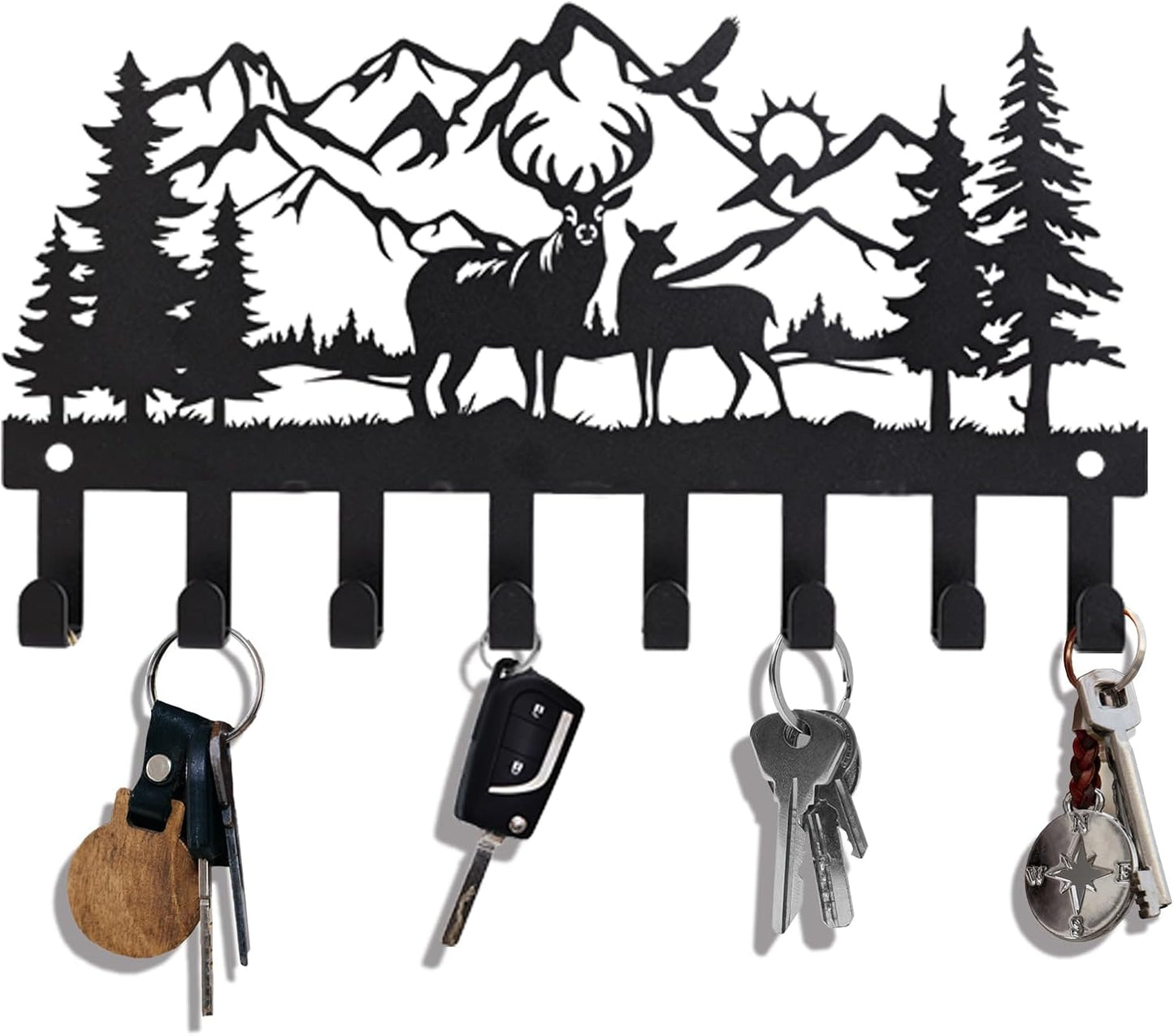 Deer Mountain Metal Key Holder Wall Mount Key Holder for Wall Rustic Cabin Decor Key Rack Hooks Hanger Woodland Wildlife Wall Art Entryway Organizer Housewarming Hunting Gifts