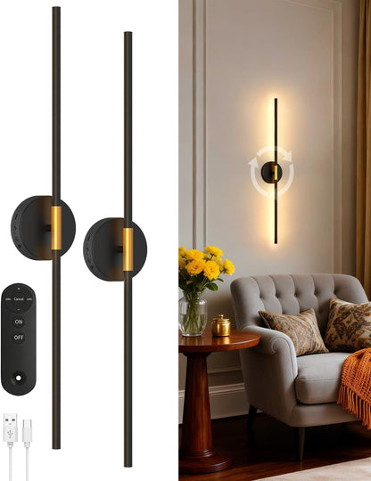 Battery Operated Wall Sconces Set of 2, 360° Rotatable Wall Sconce with Remote, 3000K Dimmable Magnetic Mount Wall Sconces, Rechargeable 28.3inch Wall Lights for Bedroom, Living Room, Dinning Room
