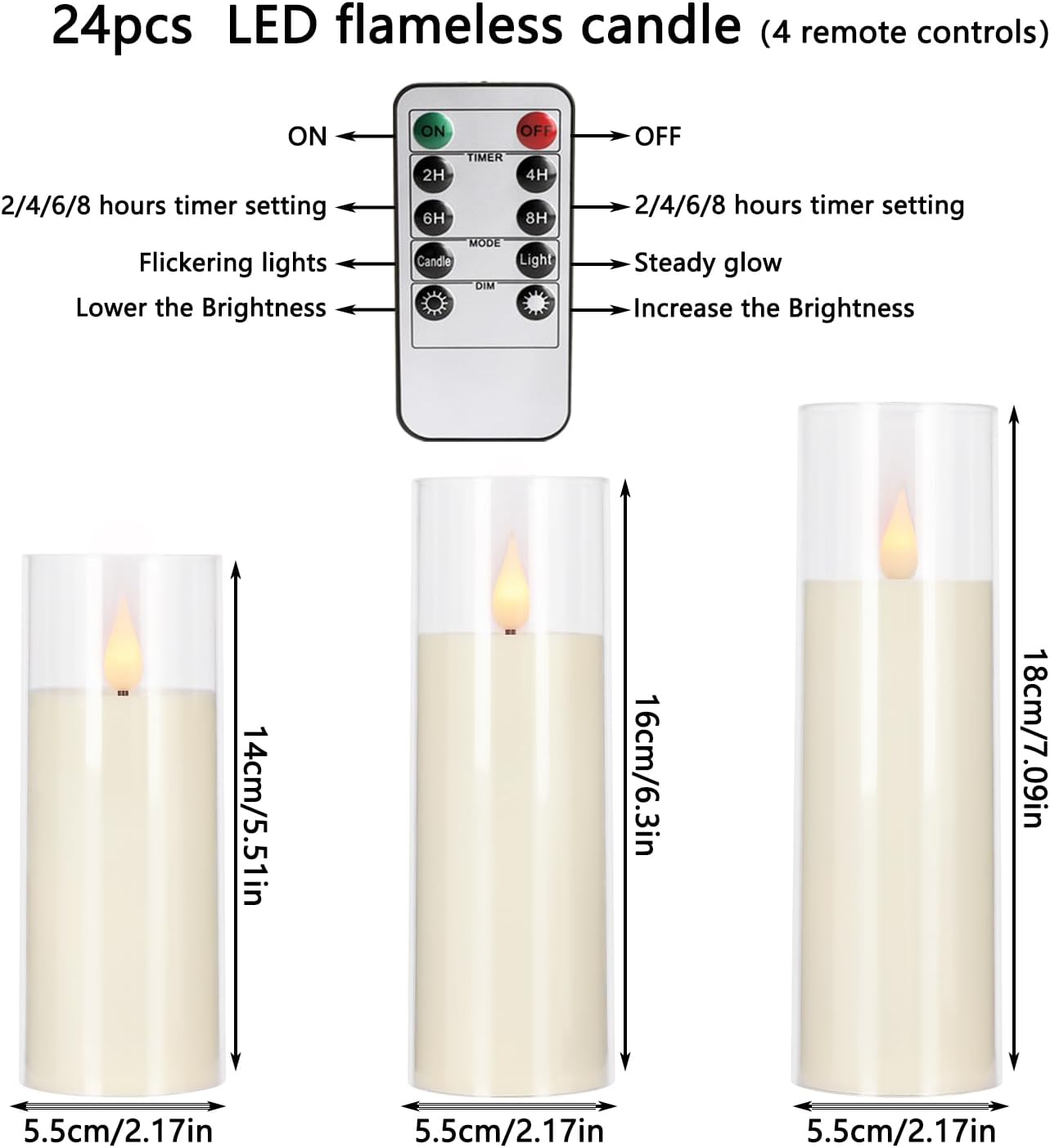 YOROXRG Set of 24 Waterproof Outdoor Flameless Candles, LED Candles with 4 Remote and Timer,(H 4" 5" 6" x D 2.2"),for Christmas,Halloween,Wedding,Festival
