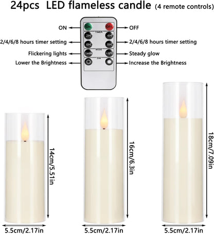 YOROXRG Set of 24 Waterproof Outdoor Flameless Candles, LED Candles with 4 Remote and Timer,(H 4" 5" 6" x D 2.2"),for Christmas,Halloween,Wedding,Festival