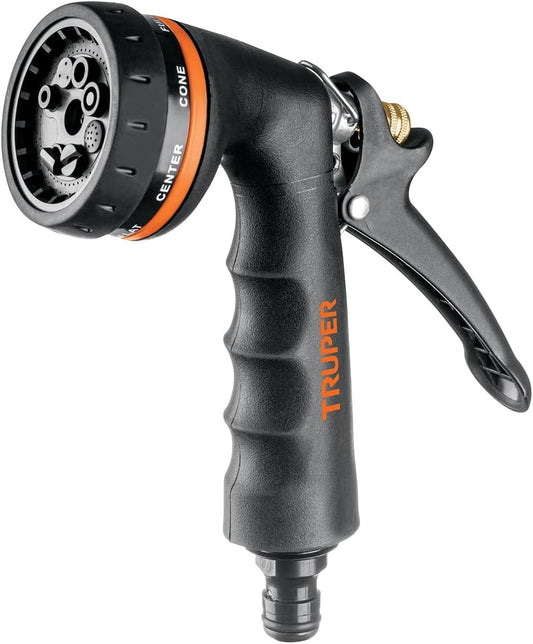 Truper 8-Pattern Metal Hose Spray Nozzle, Heavy-Duty Coated Metal Body with Comfort Grip Handle, Continuous Flow Locking Clip Gardening and Cleaning Wand (Model 18477 / PR-208)