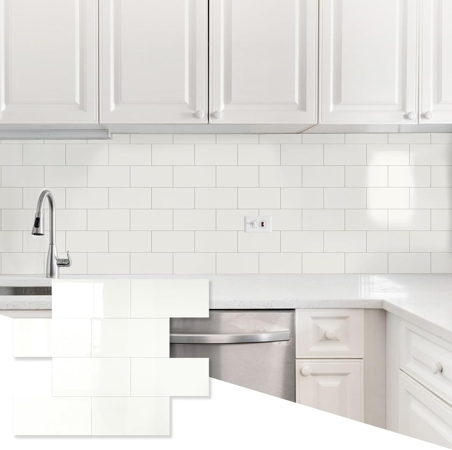 10- Sheet Polished White Peel and Stick Backsplash, 12’’Luxury PVC Ceramic Look Self Stick Subway Tiles, Waterproof Peel and Stick Wall Tiles for Kitchen and Bathrrom