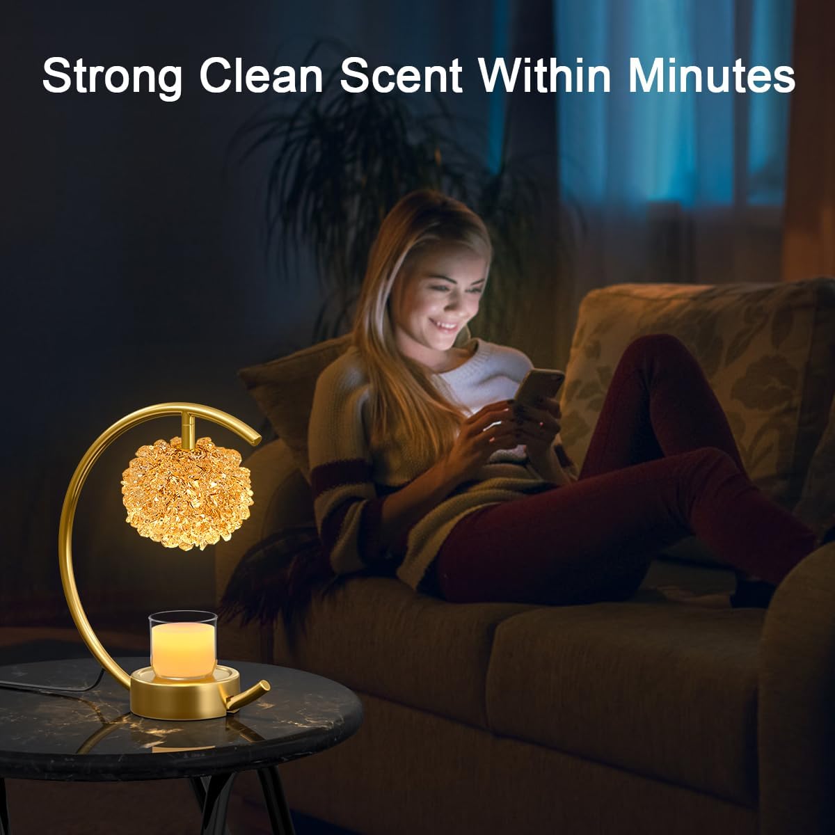 Yeuslor Gold Candle Warmer Lamp for Jar Candles with Adjustable Brightness＆Timer，Handcrafted Crystal＆Wooden Base, Luxurious Design,Home Decoration Electric Candle lamp(C-Shaped)