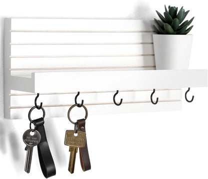 Lwenki Decorative Key Holder for Wall with Shelf, Entryway Shelf with Hooks Holds Leashes, Jackets and Glasses – Sturdy Wood Keyholder Entrance Hanger with Mounting Hardware (Black, Medium)