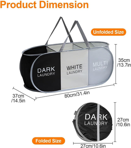 EEEKit 100L Pop Up Laundry Basket, 3 Sections Large Capacity Oxford Cloth Collapsible Laundry Hamper with Reinforced Handles, Space-Saving Sorting Organizer for Dorm Rooms, Bedrooms, Home and Travel