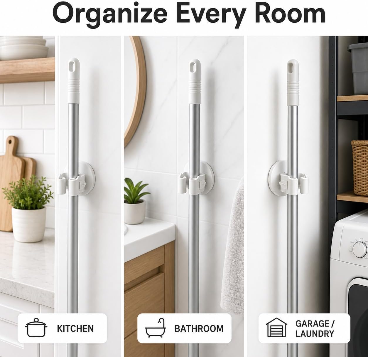 Broom and Mop Holder, Wall Mounted Round Clips, White ABS, No Drill Adhesive, 3 Pieces, Cleaning Tool Organizer for Kitchen, Bathroom, Garage