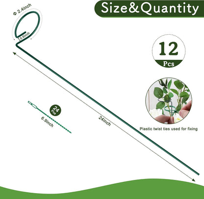 FEED GARDEN 16 Inch 12 Pack Plant Support Stakes, Metal Garden Flower Stakes and Supports for Outdoor Plants, Plant Stem Support with 24 Twist Ties for Amaryllis Lily Rose Peony Tomatoes Gladiolus