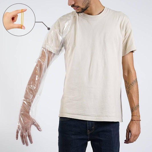 50 Pcs Disposable Long Gloves Full Arm Shoulder Length 35.5 Inch Plastic Dressing Gutting Gloves for Field Dressing House Cleaning Gardening (Come with 20 Free Rubber Bands)