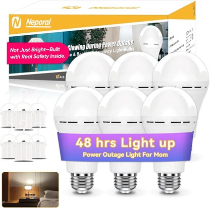 Neporal LITE Emergency Rechargeable Light Bulbs A19, Light Up to 48 hrs, Battery Operated Light Bulb, 5000K E26 LED Bulb, Emergency Lights for Home Power Failure