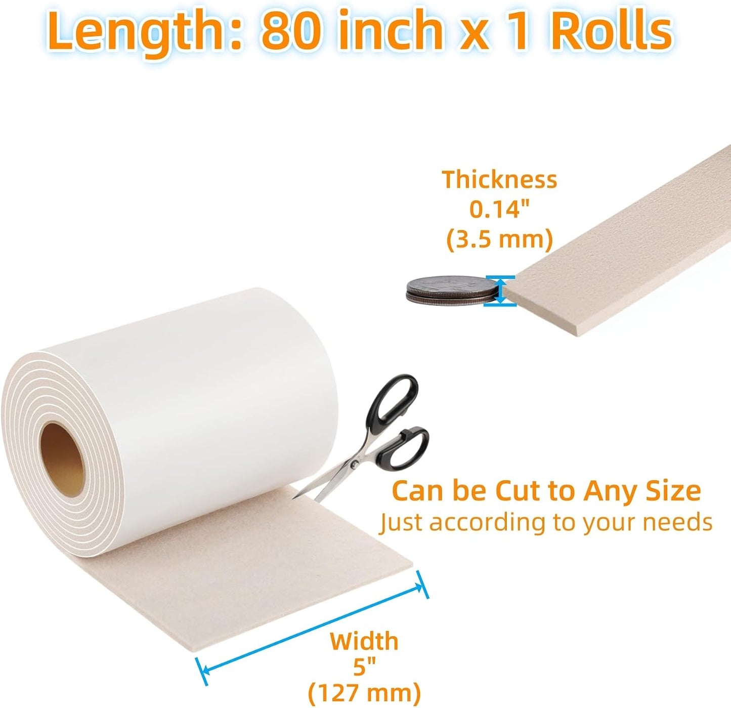Furnigear Felt Strips with Adhesive Backing Heavy Duty Cuttable Felt Tape Roll Furniture Pads for Chair Legs - Protecting Hardwood Floors, Chair Wall Protector (Black, 80 x 0.5 x 0.14 Inch)