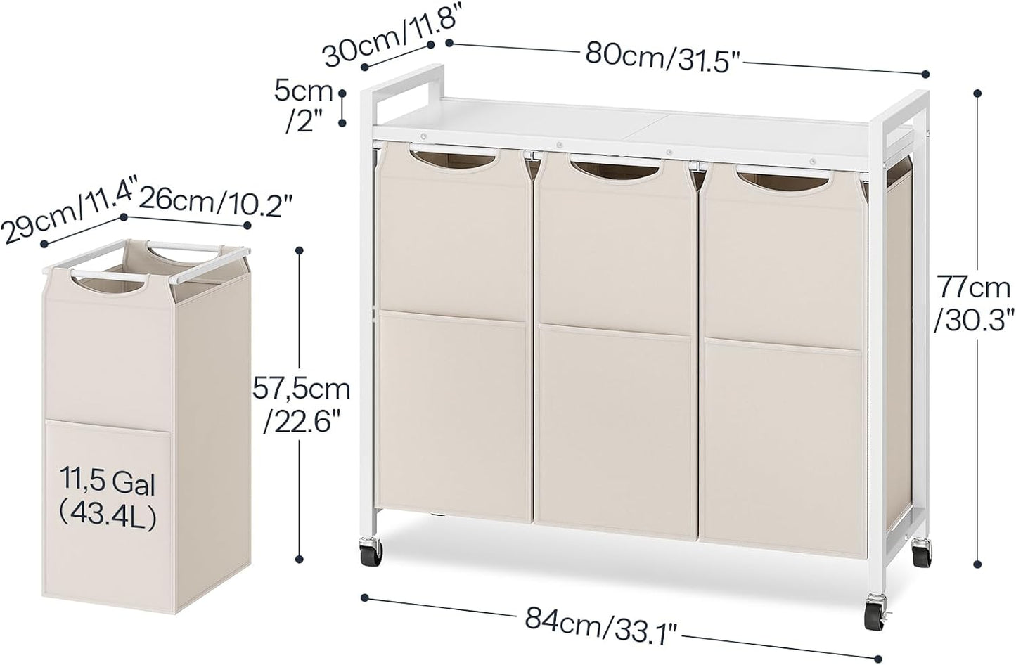 HOOBRO Laundry Sorter 3 Section, Laundry Hamper with Wheels, 3 × 11.5 Gal (43.5 L), Rolling Laundry Basket, Pull-Out and Removable Oxford Fabric Laundry Bags, Rustic Brown and Black BF76XY01