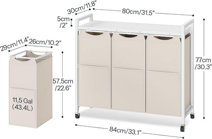 HOOBRO Laundry Sorter 3 Section, Laundry Hamper with Wheels, 3 × 11.5 Gal (43.5 L), Rolling Laundry Basket, Pull-Out and Removable Oxford Fabric Laundry Bags, Rustic Brown and Black BF76XY01