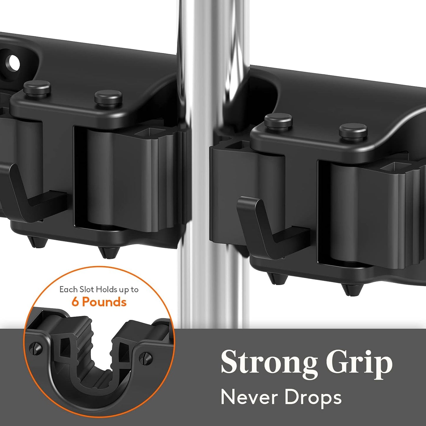 Lifewit Mop and Broom Holder Wall Mount, Anti-Slip Broom Hanger for Cleaning Supplies Organizer, Easy Install Tool Hanging Rack for Closet, Kitchen, Garage, 5 Slot 6 Hooks, Hold 30lbs, Black, 1 Pack