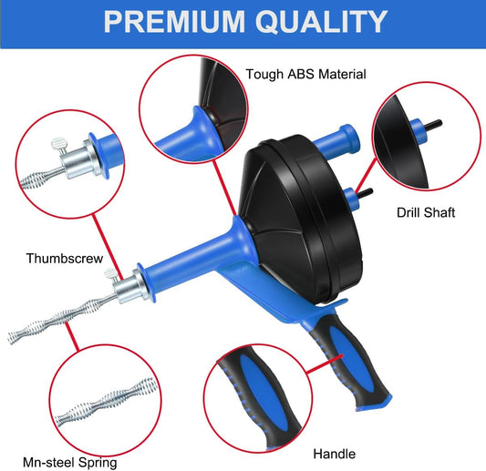 Drain Auger, Clog Remover with Drill Adapter, 25 Feet Flexible Plumbing Snake Use Manually or Powered for Kitchen, Bathroom and Shower Sink, Comes with Gloves (blue)
