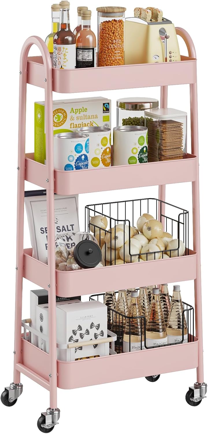 DUMOS 3 Tiers Rolling Cart, Utility Cart, Metal, White | Mobile Storage, Lockable Wheels, Utility Shelving Unit, Kitchen, Bathroom, Laundry, Narrow Places