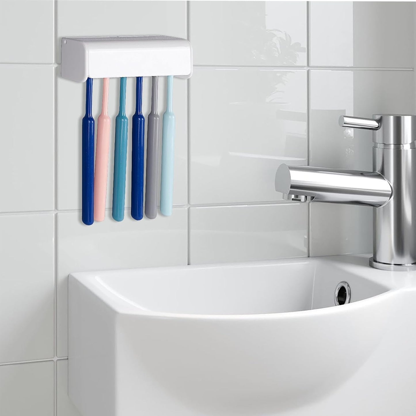 6 Slots Wall Mount Toothbrush Holder with Cover, Self Adhesive Toothbrush Storage Organizer for Shower, Toothbrush Hanger for Bathroom, Medicine Cabinet, Dorm