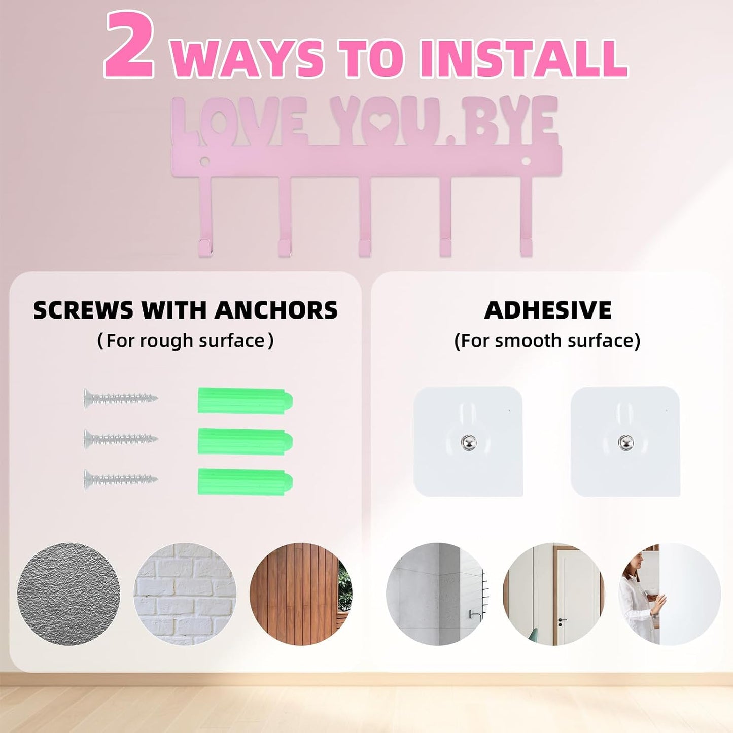 Key Holder Wall Mount, No Drill Adhesive, Black, 5 Hooks | 'Love You.Bye' Entryway Organizer, Metal, 10x4 Inch, Screws Installation