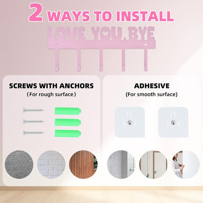 Key Holder Wall Mount, No Drill Adhesive, Black, 5 Hooks | 'Love You.Bye' Entryway Organizer, Metal, 10x4 Inch, Screws Installation