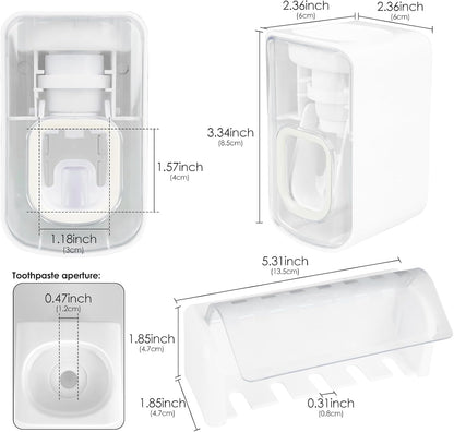 5 Slots Wall Mount Toothbrush Holder with Cover, Self Adhesive Toothbrush Storage Organizer for Shower, Toothbrush Hanger with Automatic Toothpaste Squeezer Dispenser