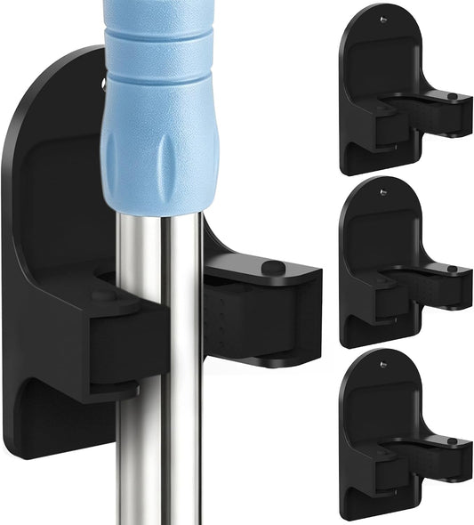 Broom Holder Wall Mount (Black 4 Count), Broom Holder, Broom and Mop Organizer Wall Hanging, Mop and Broom Holder Wall Mount, Broom Organizer Wall Mount for Home, Kitchen, Garage Storage