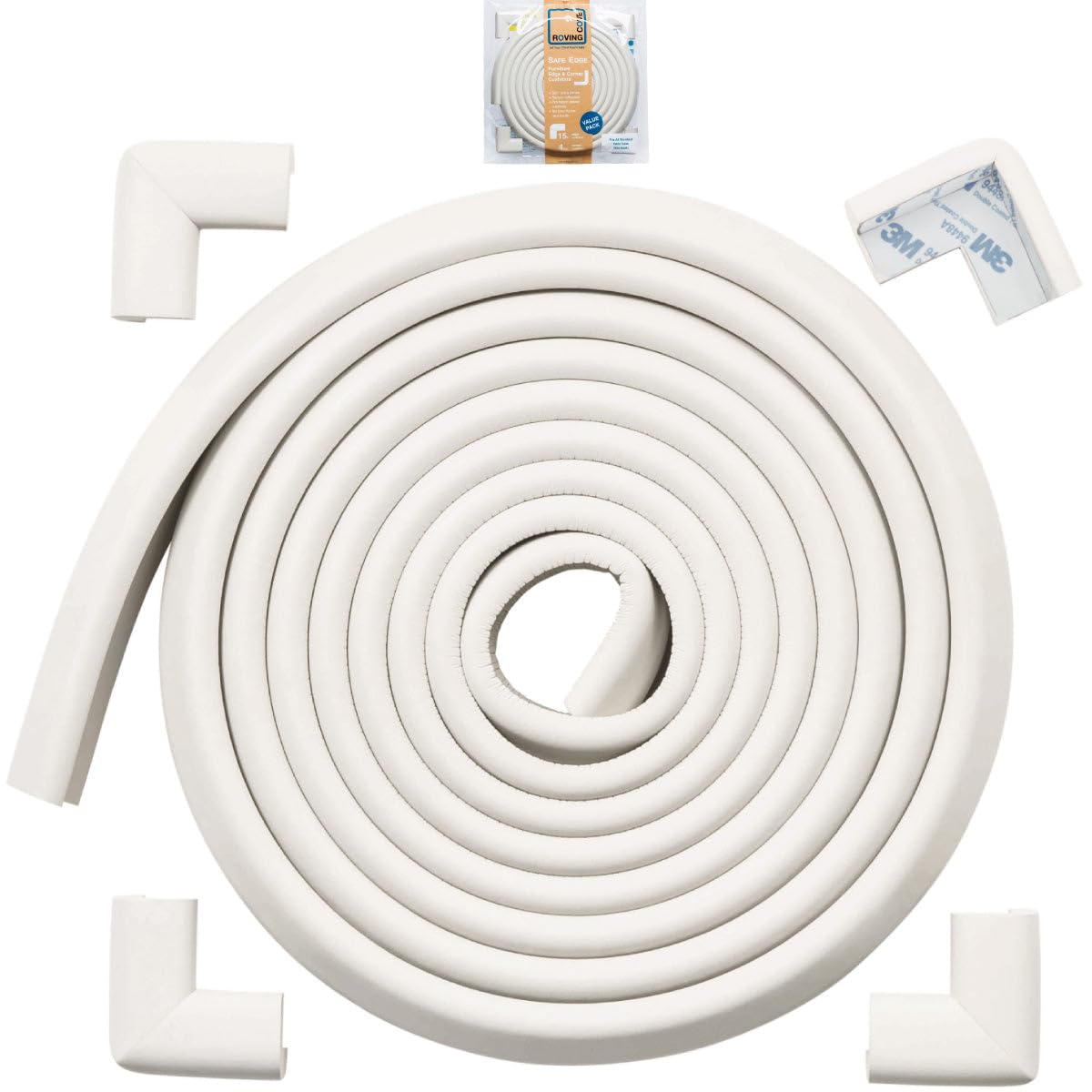 Roving Cove Slimfit Corner Edge Protector for Baby Proofing (Small 15ft Edge 4 Corners), Furniture Safety Bumper Guard, Soft NBR Rubber Foam, 3M Adhesive, Oyster White (Off White)