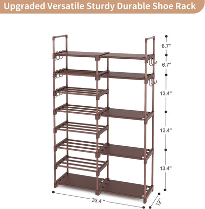 ROJASOP Shoe Rack Organizer, 8-Tier Metal Shoe Rack for Closet Entryway Garage, 26-32 Pairs Tall Shoe Boot Storage Shelf with 15 Hooks, Stackable Large Shoe Stand