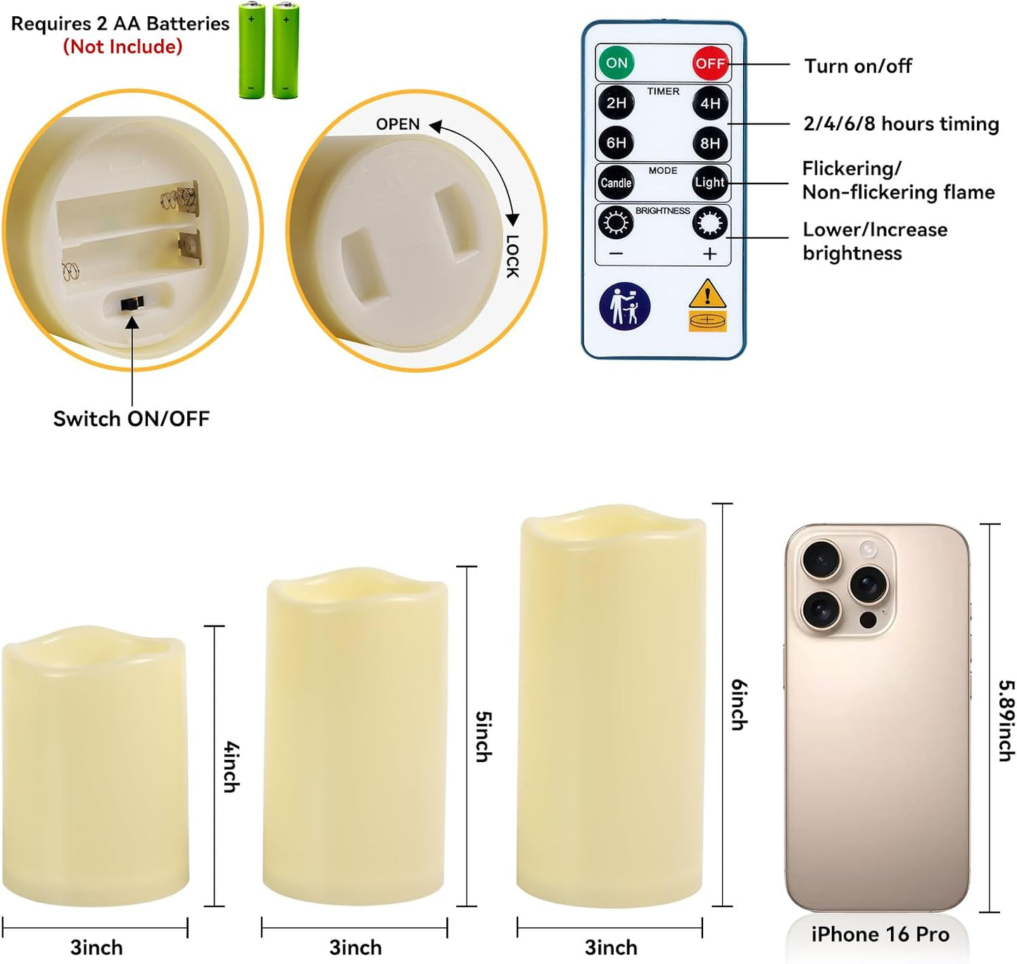 Raycare Outdoor Waterproof Flameless Candles, Battery Operated LED Electric Candles with Remote and Timers, Fake Pillar Candle for Patio, Porch, and Wedding Decor, Ivory, Set of 3(3"x4" 5" 6")