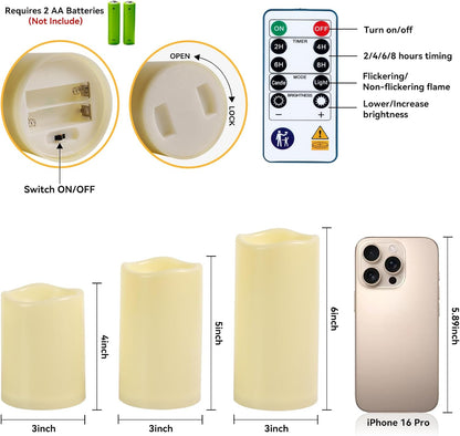 Raycare Outdoor Waterproof Flameless Candles, Battery Operated LED Electric Candles with Remote and Timers, Fake Pillar Candle for Patio, Porch, and Wedding Decor, Ivory, Set of 3(3"x4" 5" 6")