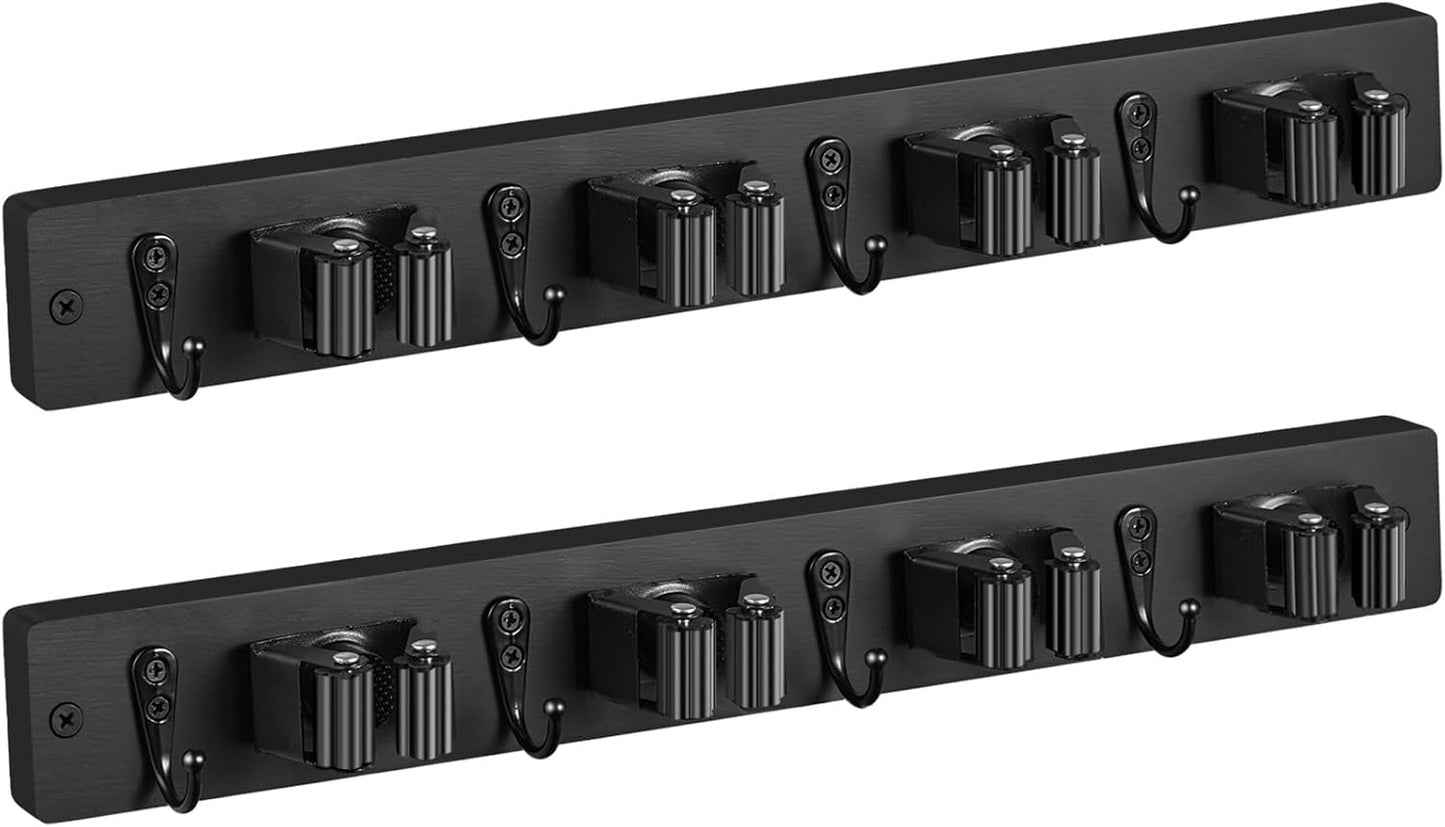 OUTNILI Mop and Broom Holder Wall Mount - Wood Broom Mop Hanger - Wall Mounted Garden Tool Rack Organizer for Closet Garage Laundry Room for Rustic Kitchen Decor With 5 Slots & 4 Hooks