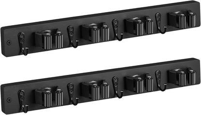 OUTNILI Mop and Broom Holder Wall Mount - Wood Broom Mop Hanger - Wall Mounted Garden Tool Rack Organizer for Closet Garage Laundry Room for Rustic Kitchen Decor With 5 Slots & 4 Hooks