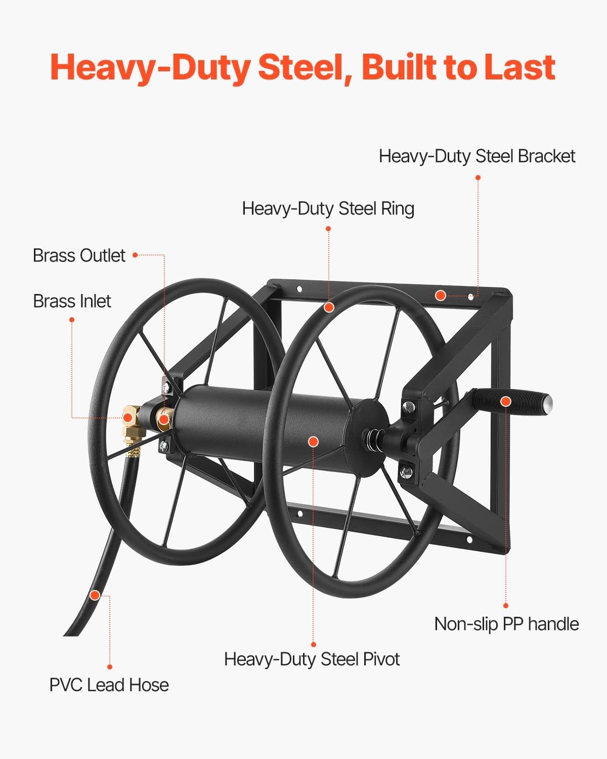 VEVOR Wall Mounted Garden Hose Reel, Holds 125 ft 5/8-inch Hose, Heavy-Duty Water Hose Winder, Space-Saving Design, Outdoor Manual Reel with Brass Fitting and Storage Basket for Yard Lawn
