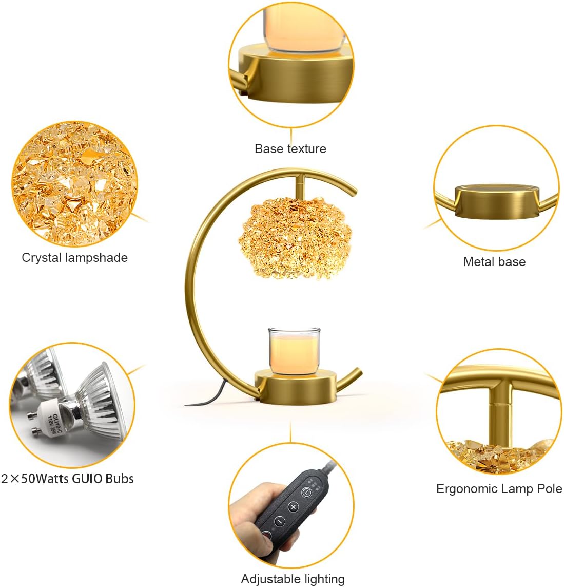 Yeuslor Gold Candle Warmer Lamp for Jar Candles with Adjustable Brightness＆Timer，Handcrafted Crystal＆Wooden Base, Luxurious Design,Home Decoration Electric Candle lamp(C-Shaped)